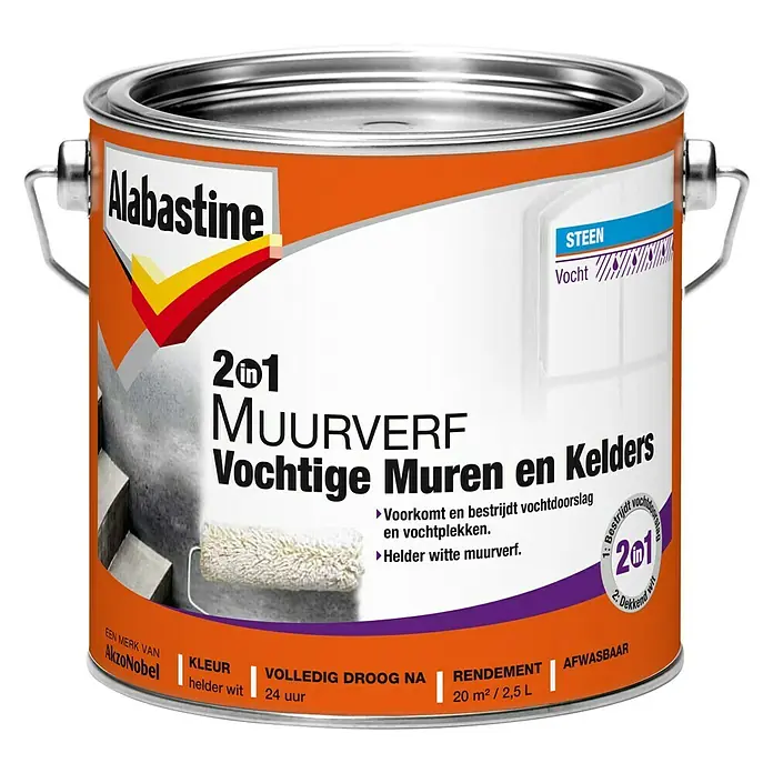 Alabastine Muurverf 2 In 1 Vochtige muren en kelders Helder Wit - Wit, 2,5 l, Mat - Vooraanzicht
