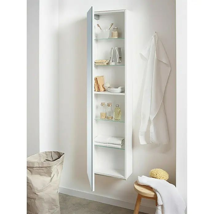 Riva Spiegel-Hochschrank Andy - 36 x 16,5 x 155 cm, 1 Kristallglas-Spiegeltür, Weiß, Glänzend - Stimmungsaufnahme