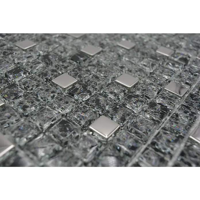 Mozaïektegel vierkant glas Mix XIC 1099 - 30,5 x 30,5 cm, Zwart/Zilver, Glanzend - Close-up