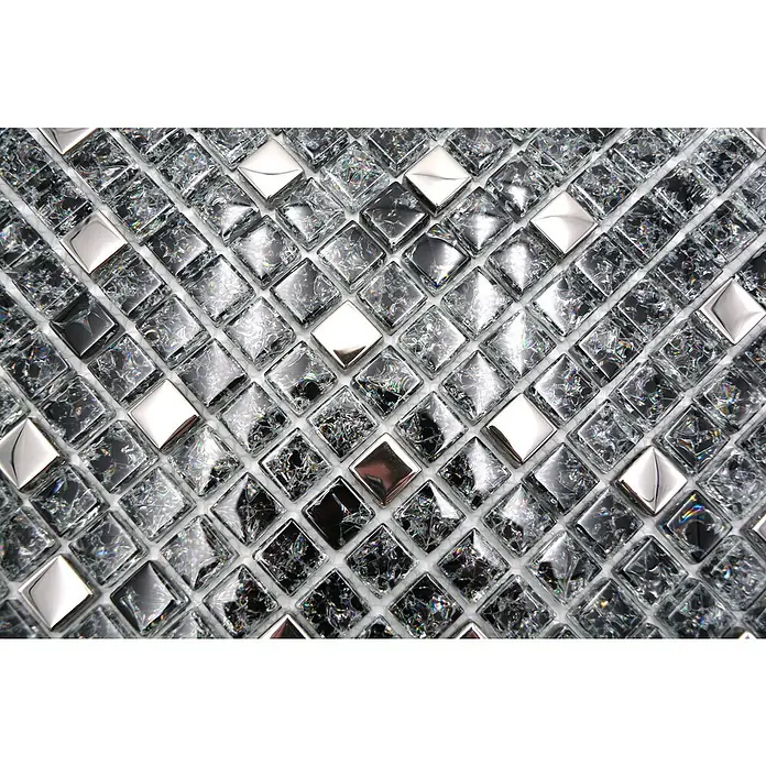 Mozaïektegel vierkant glas Mix XIC 1099 - 30,5 x 30,5 cm, Zwart/Zilver, Glanzend - Close-up