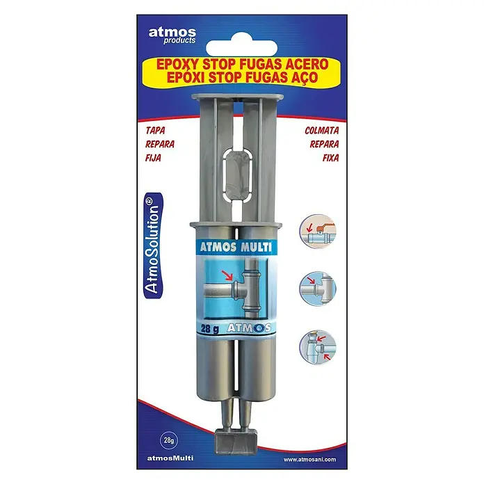 Atmos Compuesto epoxi para reparaciones de tuberías Stop fugas acero - 28 g - Vista frontal