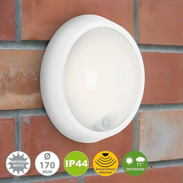 Brilo LED-Sensor-Außenwandleuchte - 12 W, Weiß, Neutralweiß