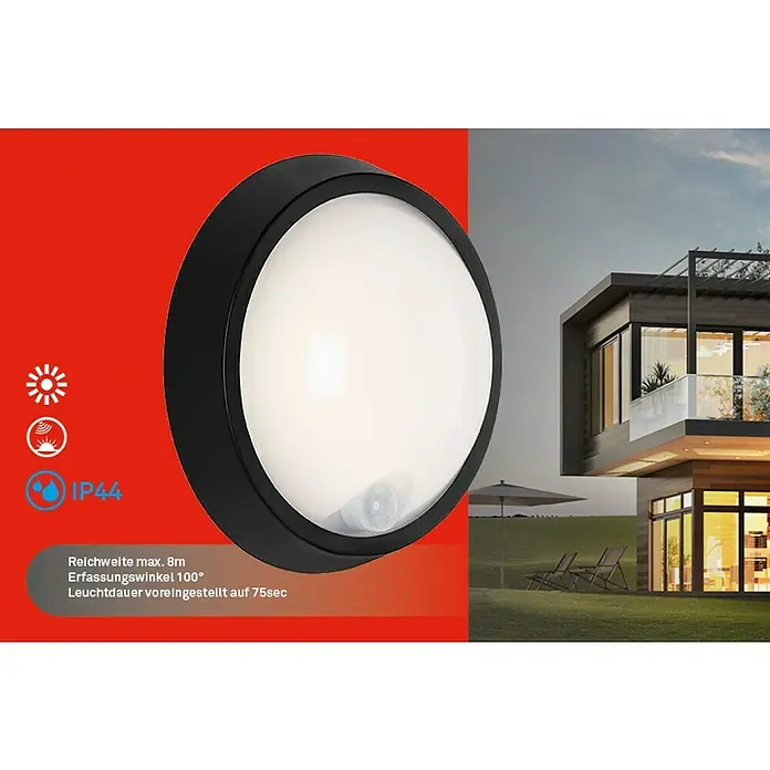Brilo LED-Sensor-Außenwandleuchte - 12 W, Schwarz, Neutralweiß