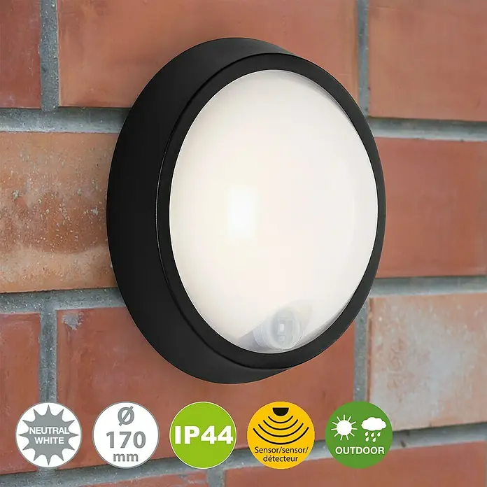 Brilo LED-Sensor-Außenwandleuchte - 12 W, Schwarz, Neutralweiß