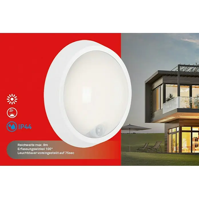 Brilo LED-Sensor-Außenwandleuchte - 12 W, Weiß, Neutralweiß
