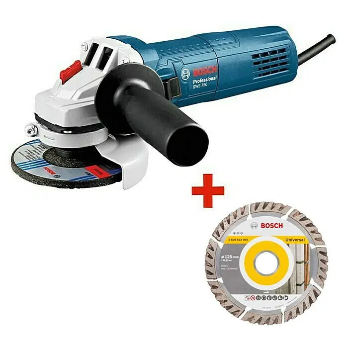Bosch Professional Winkelschleifer GWS 750 - 750 W, 125 mm, Leerlaufdrehzahl: 11.000 U/min, Diamanttrennscheibe - Diagonale Ansicht