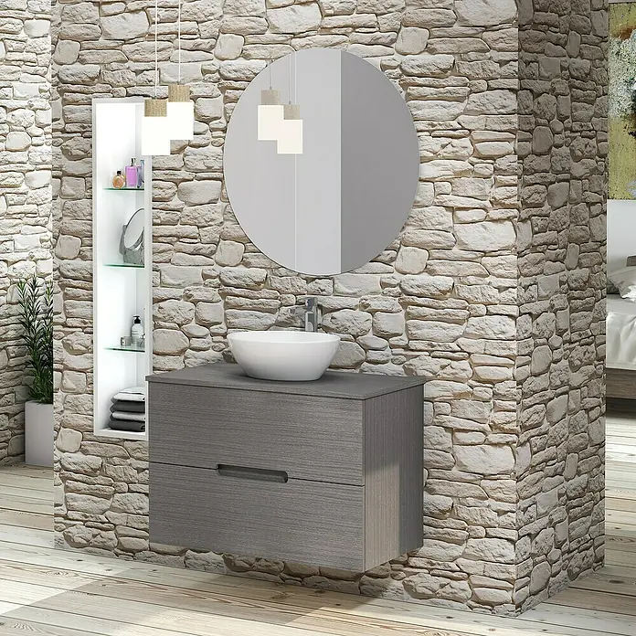 Conjunto de mueble de baño Loop Top - 80 cm, 4 piezas, Ceniza, Mate - Foto ambiente
