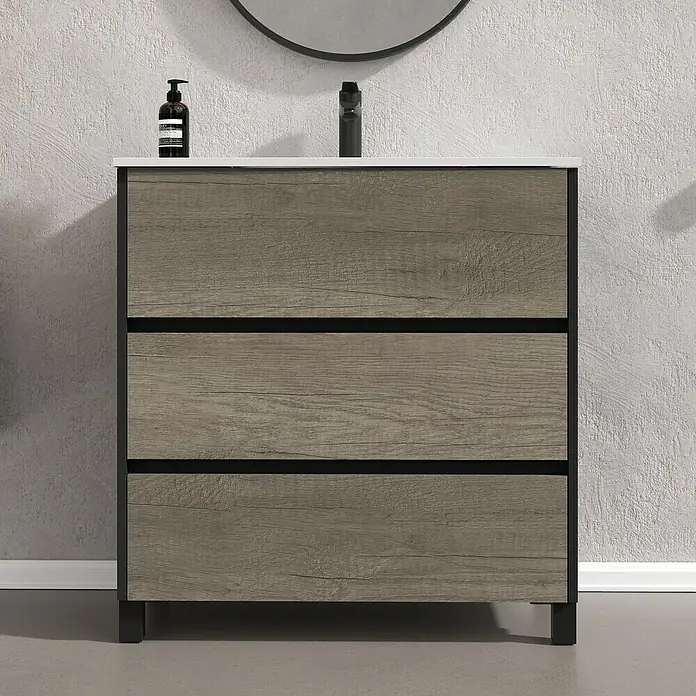 Conjunto de mueble de baño Africa - 80 cm, 3 piezas, Nebraska, Negro, Mate - Foto ambiente