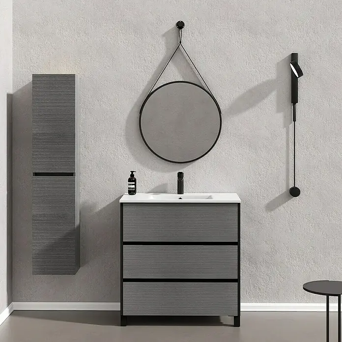 Conjunto de mueble de baño Africa - 80 cm, 3 piezas, Ceniza, Negro, Mate - Foto ambiente