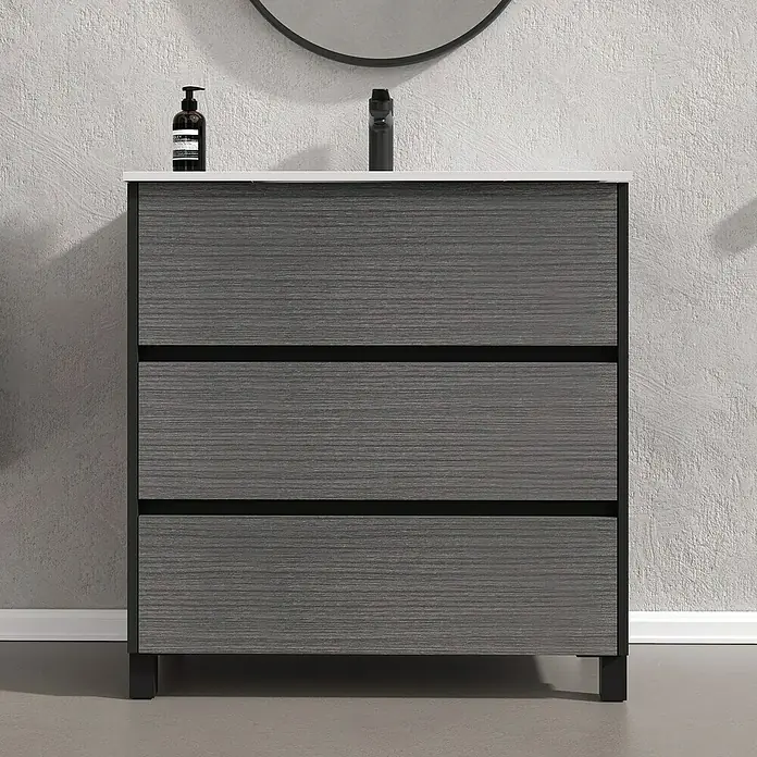 Conjunto de mueble de baño Africa - 80 cm, 3 piezas, Ceniza, Negro, Mate - Foto ambiente