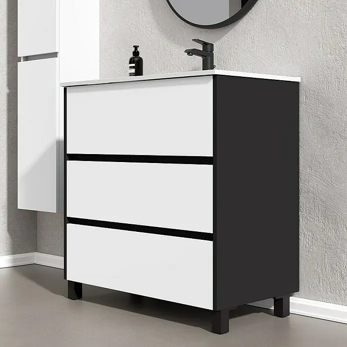 Conjunto de mueble de baño Africa - 80 cm, 3 piezas, Blanco/Negro, Mate - Foto ambiente