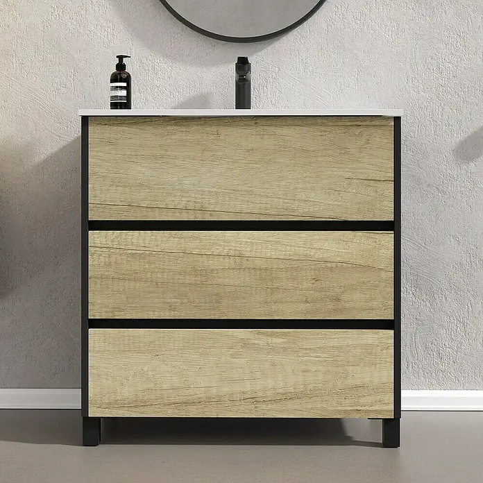 Conjunto de mueble de baño Africa - 80 cm, 3 piezas, Nature, Negro, Mate - Foto ambiente