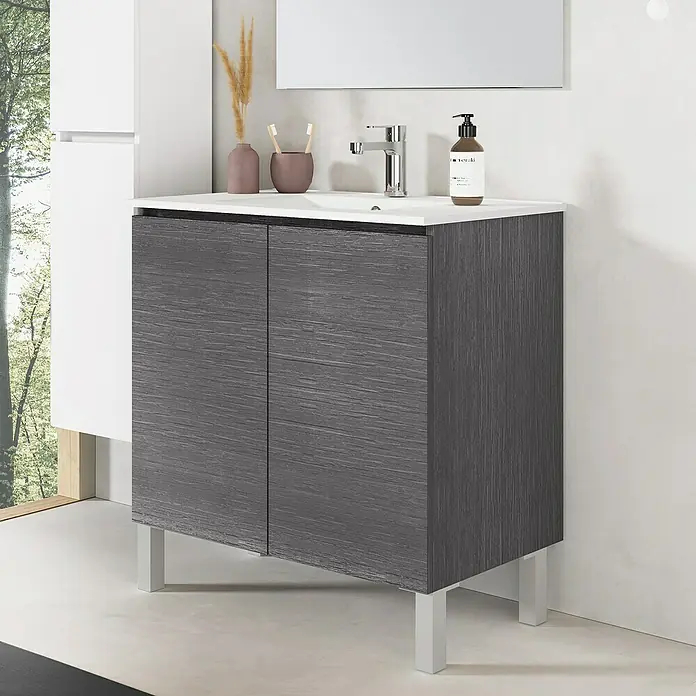 Conjunto de mueble de baño Versa - 80 cm, 3 piezas, Ceniza, Mate - Foto ambiente