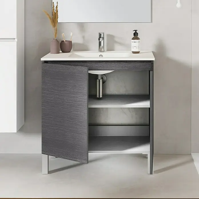 Conjunto de mueble de baño Versa - 80 cm, 3 piezas, Ceniza, Mate - Foto ambiente