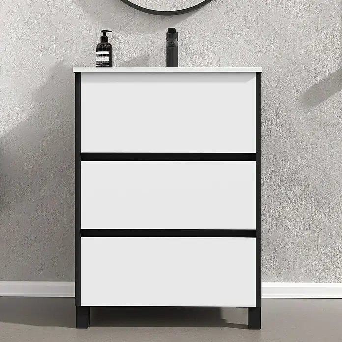 Conjunto de mueble de baño Africa - 60 cm, 3 piezas, Blanco/Negro, Mate - Foto ambiente