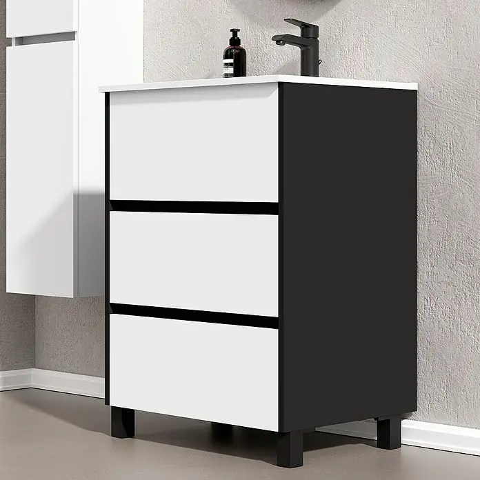 Conjunto de mueble de baño Africa - 60 cm, 3 piezas, Blanco/Negro, Mate - Foto ambiente