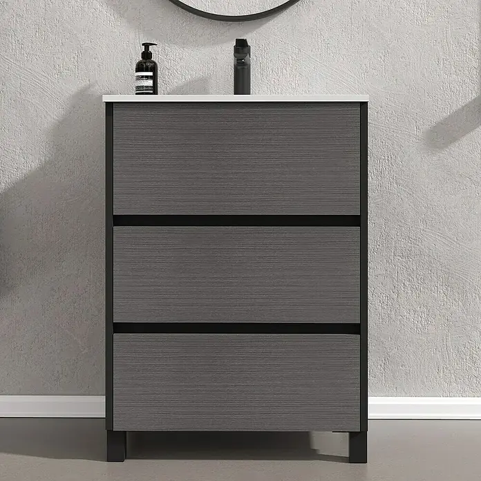 Conjunto de mueble de baño Africa - 60 cm, 3 piezas, Ceniza, Negro, Mate - Foto ambiente