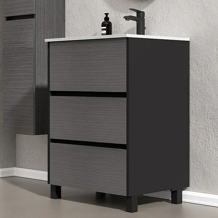 Conjunto de mueble de baño Africa - 60 cm, 3 piezas, Ceniza, Negro, Mate - Foto ambiente