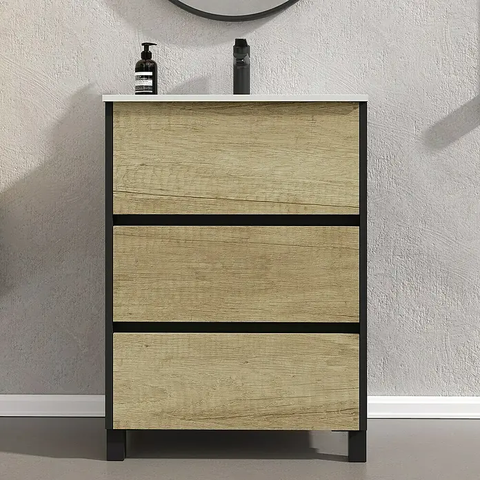 Conjunto de mueble de baño Africa - 60 cm, 3 piezas, Nature, Negro, Mate - Foto ambiente