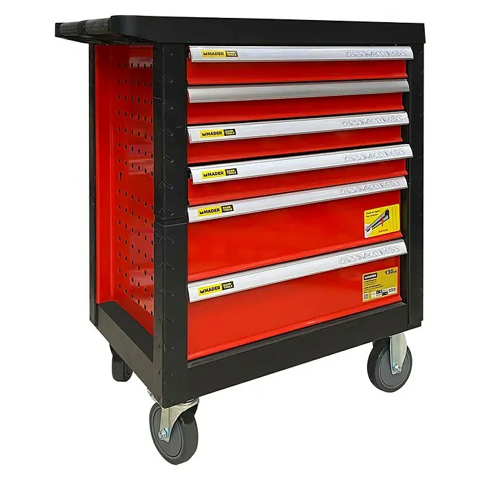 Carro de taller con 130 herramientas - L x An x Al: 47 x 75 x 98 cm, Metal, Rojo - Vista angular