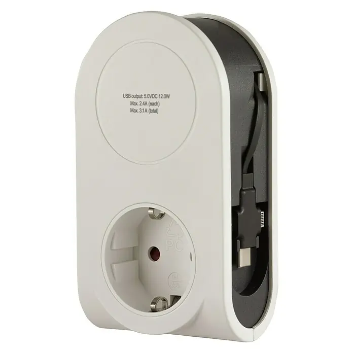 REV USB-Ladegerät Flex 3 in 1 - Weiß, USB C-Stecker, USB Micro-Stecker, Lightning-Stecker - Diagonale Ansicht