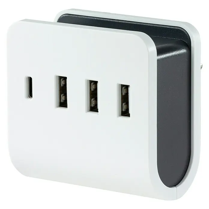 REV USB-Ladegerät Quad - 4-fach, Weiß, USB-A-Buchse, USB C-Kupplung - Diagonale Ansicht