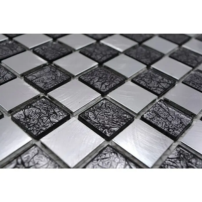 Mozaïektegel vierkant glas Mix XAM A451 - 32,7 x 30,2 cm, Zwart/Zilver, Mat - Close-up