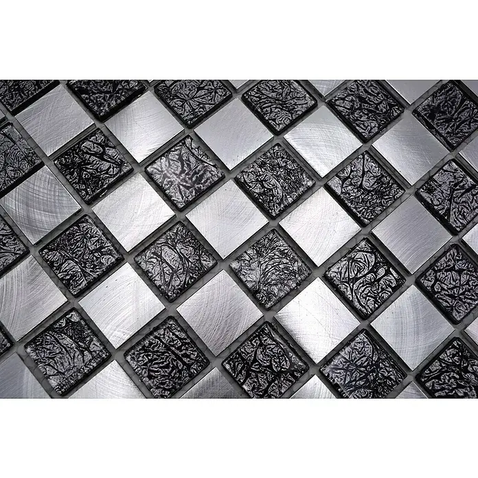 Mozaïektegel vierkant glas Mix XAM A451 - 32,7 x 30,2 cm, Zwart/Zilver, Mat - Close-up