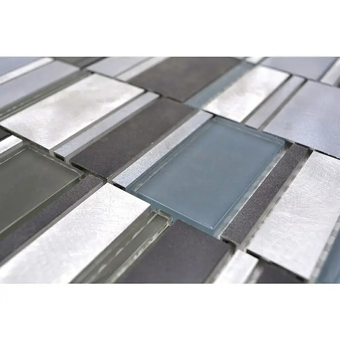 Mozaïektegel glas Mix XAM A821 - 30,1 x 30,1 cm, Aluminium/crystal/blauw, Mat - Close-up