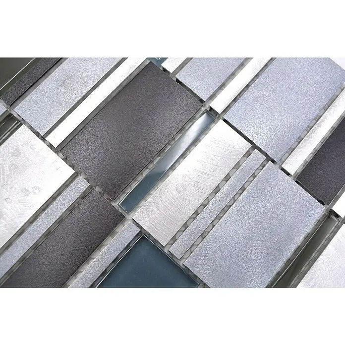 Mozaïektegel glas Mix XAM A821 - 30,1 x 30,1 cm, Aluminium/crystal/blauw, Mat - Close-up