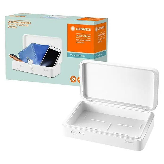 Ledvance Desinfektionsbox UVC LED - Weiß, 21,9 x 12,6 x 6,3 cm, USB-Anschluss - Diagonale Ansicht
