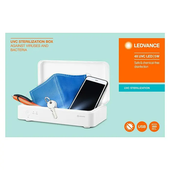 Ledvance Desinfektionsbox UVC LED - Weiß, 21,9 x 12,6 x 6,3 cm, USB-Anschluss - Vorderansicht