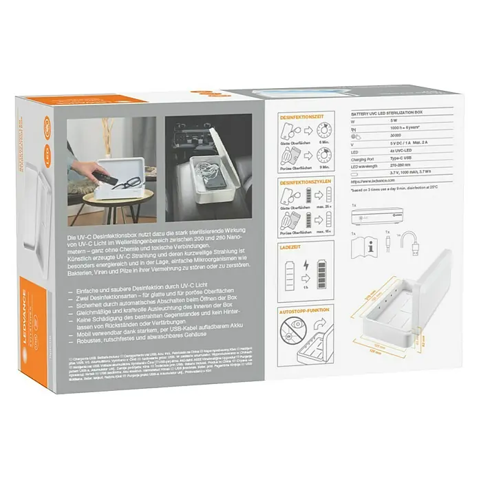 Ledvance Desinfektionsbox UVC LED - Weiß, 21,9 x 12,6 x 6,3 cm, USB-Anschluss - Diagonale Ansicht