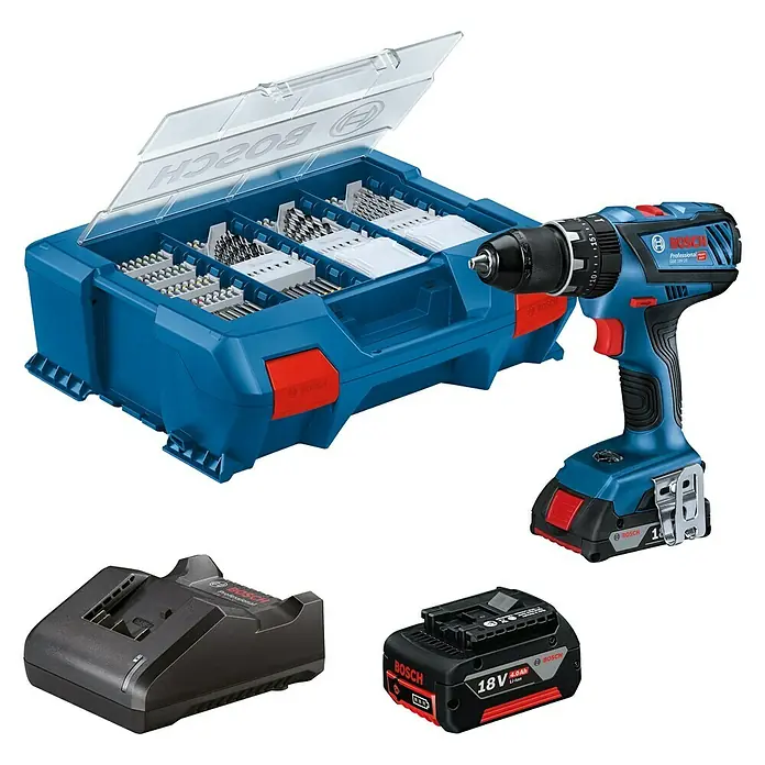 Bosch Professional Akku-Schlagbohrschrauber GSB 18V-28 - 18 V, 2 Akkus, 2 Ah - 4 Ah, Leerlaufdrehzahl: 1.900 U/min, Zubehör: 82 -tlg. - Diagonale Ansicht