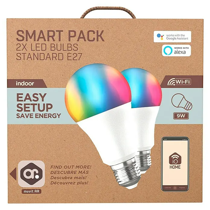 Muvit iO Bombilla LED inteligente Pack 2 - 9 W, RGB, Capacidad de atenuación: Intensidad regulable, Redonda - Vista frontal