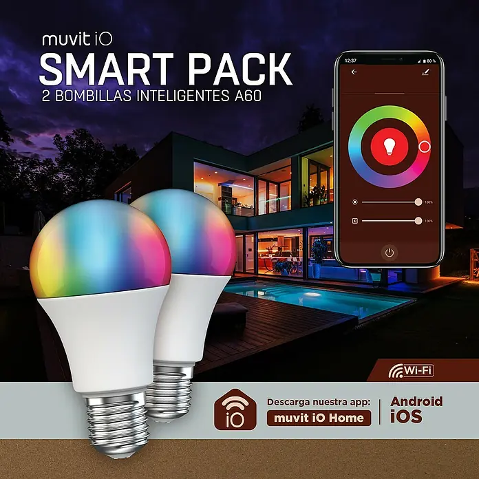Muvit iO Bombilla LED inteligente Pack 2 - 9 W, RGB, Capacidad de atenuación: Intensidad regulable, Redonda