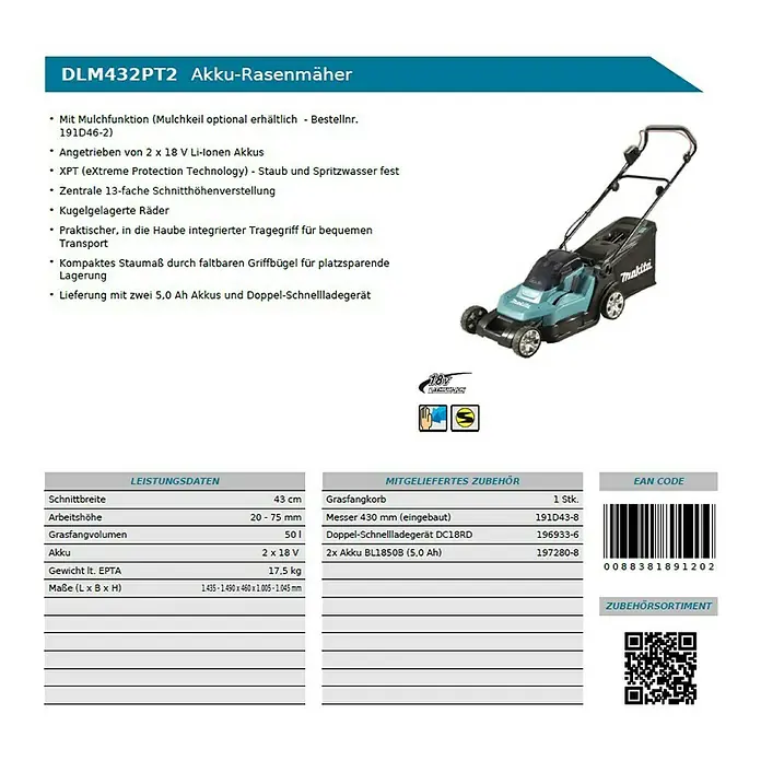 Makita Akku-Rasenmäher DLM432PT2 - 18 V, 2 Akkus, 5 Ah, Schnittbreite: 43 cm - Rückansicht