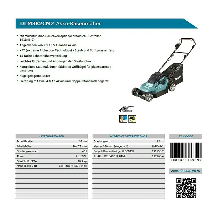Makita Akumulatorska kosilica DLM382CM2 - 36 V, 2 baterije, 4 Ah, Širina reza: 38 cm - Pogled straga