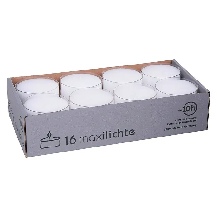 Teelichter Maxilichte - 16 Stk., Weiß - Diagonale Ansicht