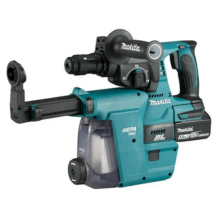 Makita Akku-Kombihammer DHR243RTJW - 18 V, 2 Akkus, 5 Ah, Leerlaufdrehzahl: 0 U/min - 950 U/min, Einzelschlagstärke: 2 J - Diagonale Ansicht