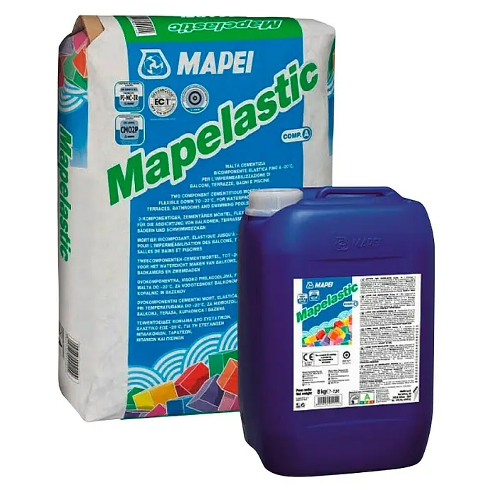 Mapei Dvokomponentni premaz Mapelastic - Namijenjeno za: hidroizolaciju balkona, terasa, kupaonica i bazena, zaštitu betonskih površina i pregradnih zidova - Pogled sprijeda
