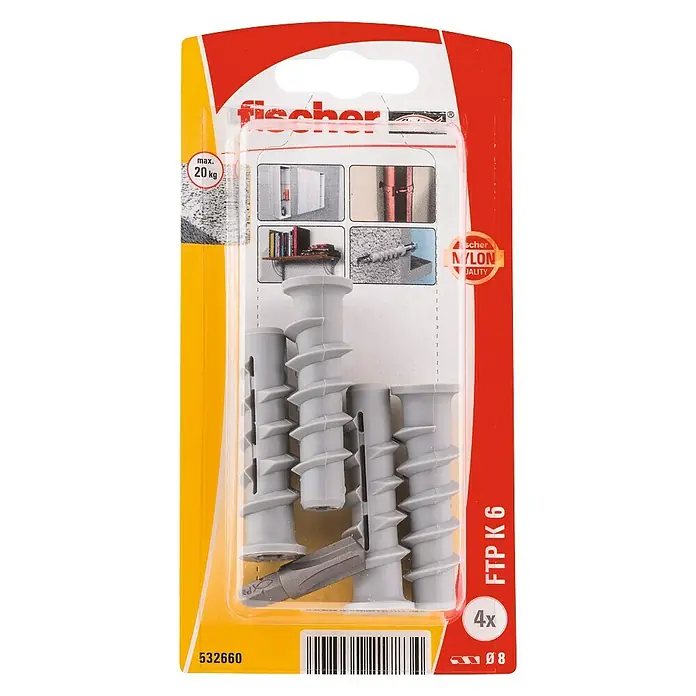 Fischer Cellenbetonanker FTP K 6 K - Pluglengte: 50 mm, 4 stk., Minimale inschroefdiepte: 40 mm, Nylon - Bovenaanzicht