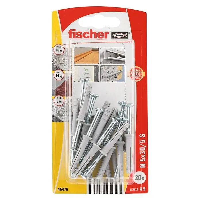 Fischer Spijkerpluggen N 5 x 30/5 S K NV - Ø x l: 5 x 30 mm, 20 stk., Verzonken kop - Bovenaanzicht