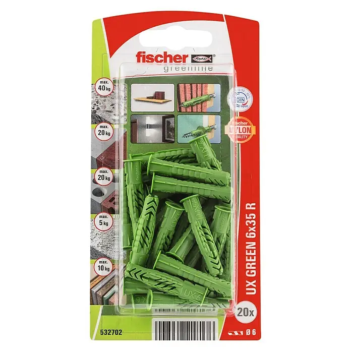Fischer Universeelpluggen UX Green 6 x 35 R K NV - Ø x l: 6 x 35 mm, 20 stk., Nylon - Bovenaanzicht