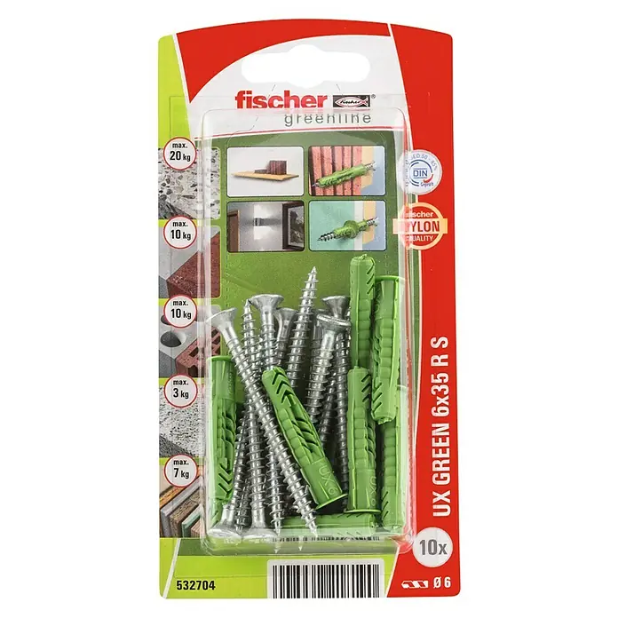 Fischer Universeelpluggen UX Green 6 x 35 R S K NV - Ø x l: 6 x 35 mm, 10 stk., Nylon - Bovenaanzicht