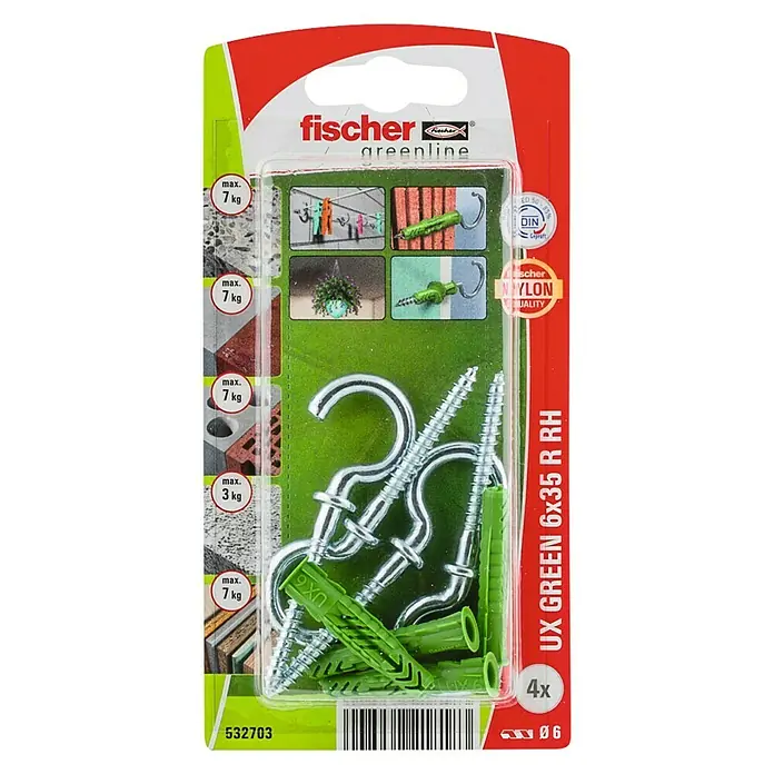 Fischer Universeelpluggen UX Green 6 x 35 R RH K NV - Ø x l: 6 x 35 mm, 4 stk., Nylon - Bovenaanzicht