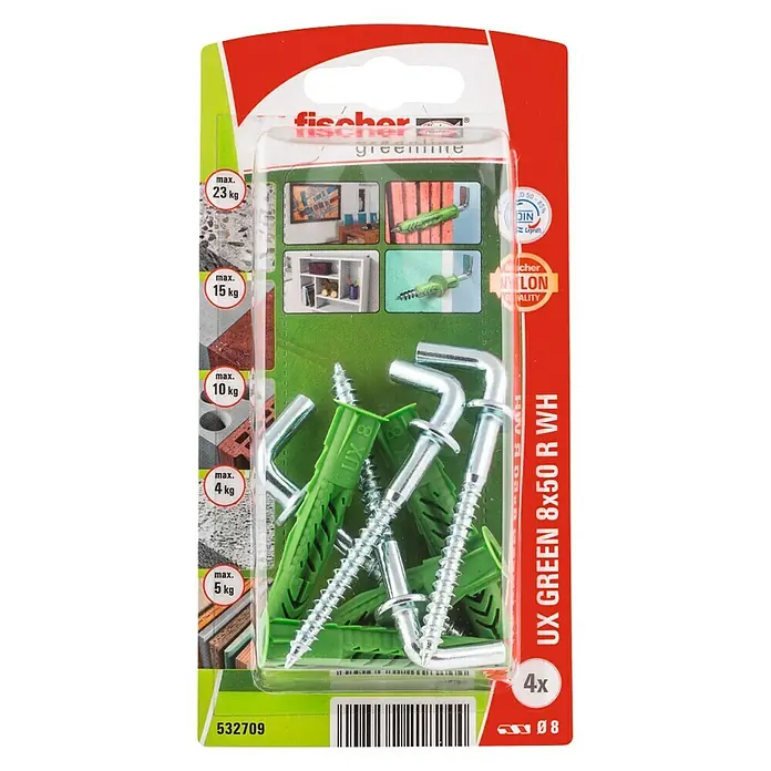Fischer Universeelpluggen UX Green 8 x 50 R WH K NV - Ø x l: 8 x 50 mm, 4 stk., Nylon - Bovenaanzicht