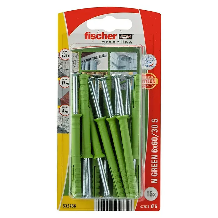 Fischer Spijkerpluggen N Green 6 x 60/30 S K NV - Ø x l: 6 x 60 mm, Verzonken kop, 15 stk. - Bovenaanzicht