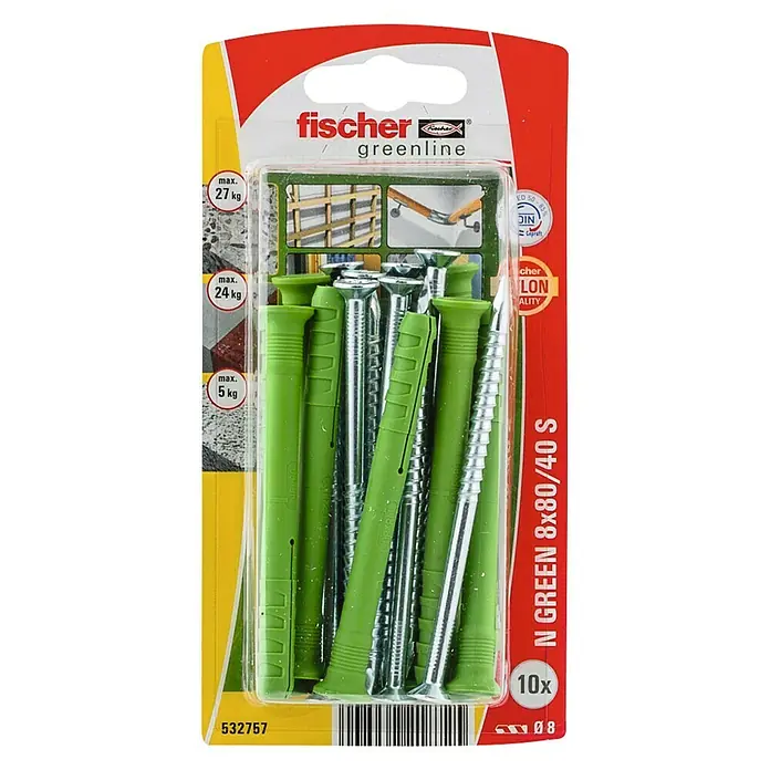 Fischer Spijkerpluggen N Green 8 x 80/40 S K NV - Ø x l: 8 x 80 mm, Verzonken kop, 10 stk. - Bovenaanzicht