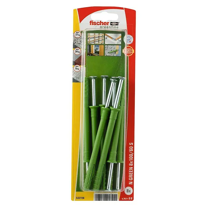 Fischer Spijkerpluggen N Green 8 x 100/60 S K NV - Ø x l: 8 x 100 mm, Verzonken kop, 8 stk. - Bovenaanzicht